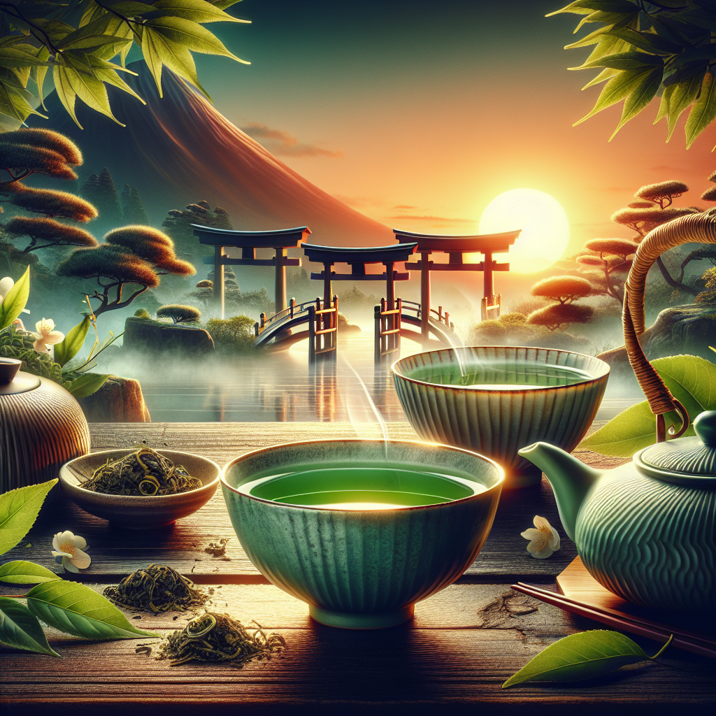 Un cadre pittoresque de thé vert japonais montrant une tasse de thé, des feuilles de thé en vrac et une théière, avec en arrière-plan un paysage japonais serein avec le soleil levant, symbolisant l'énergie et la fraîcheur.