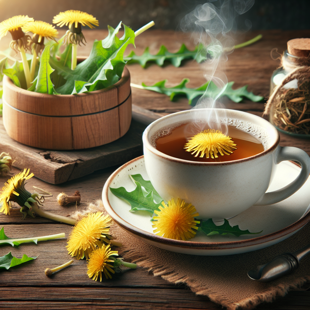 Tasse de tisane de pissenlit fumante avec des feuilles et des racines de pissenlit à côté, sur une table en bois rustique.