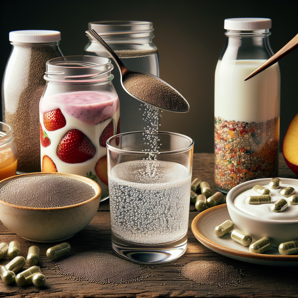 Différents usages du psyllium bio : une cuillère de psyllium ajoutée à un verre d'eau, un bol de yaourt avec du psyllium, un smoothie avec du psyllium, et un flacon de capsules de compléments alimentaires au psyllium.