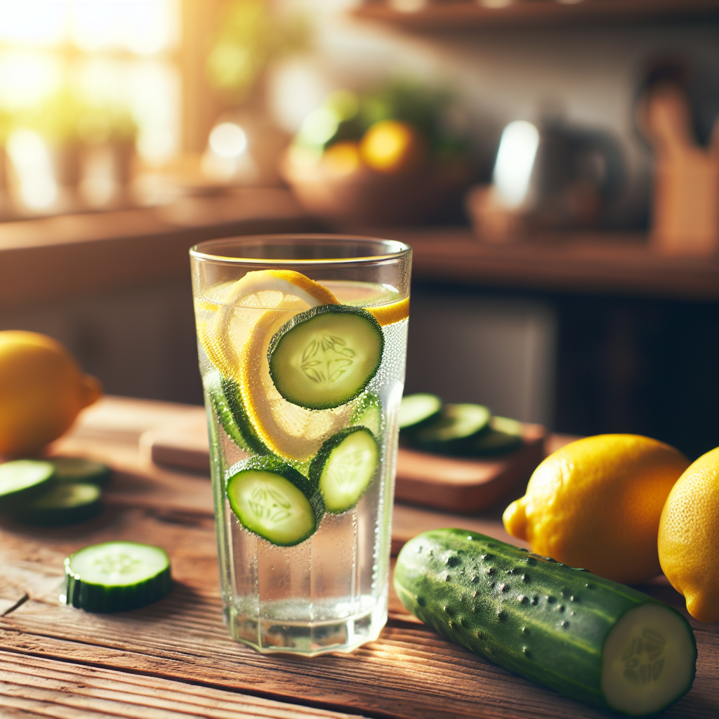 Un verre d'eau concombre citron sur une table de cuisine en bois, avec des concombres et des citrons frais à côté, éclairé par la lumière du matin