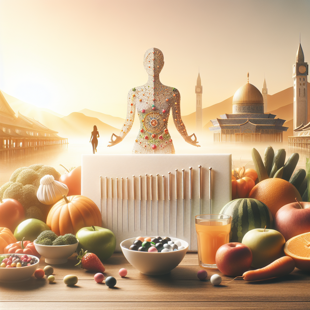Une scène sereine intégrant l'acupuncture, une alimentation équilibrée avec des fruits et légumes frais, et une personne pratiquant une activité physique comme le yoga ou le jogging.