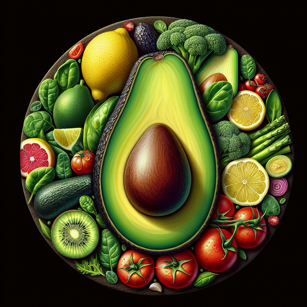 Un avocat mûr coupé en deux montrant l'intérieur crémeux vert et le gros noyau, entouré de divers légumes et fruits riches en nutriments comme des tomates, des épinards et des tranches de citron, illustrant un régime équilibré et nutritif.