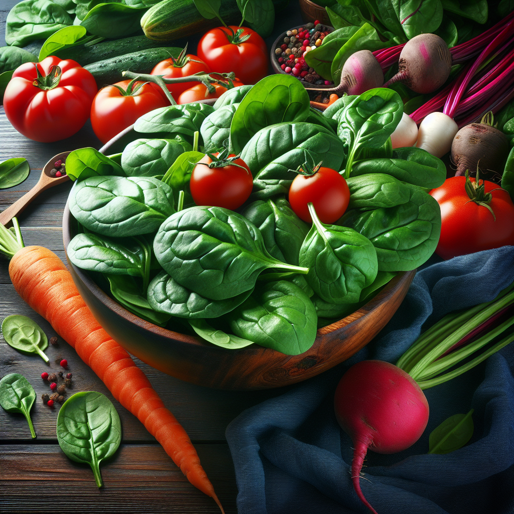 Un bol vibrant de feuilles d'épinards frais avec une variété de légumes, illustrant leur richesse en nutriments et leur adéquation avec un régime faible en calories.