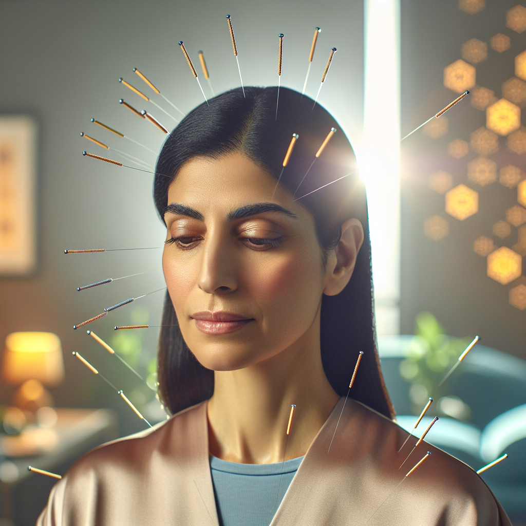 Une femme recevant un traitement d'acupuncture avec une expression sereine, illustrant le soutien émotionnel et mental qu'elle reçoit de son praticien. L'arrière-plan présente un environnement calme et thérapeutique. Focus sur les aiguilles d'acupuncture à des points clés sur son corps.