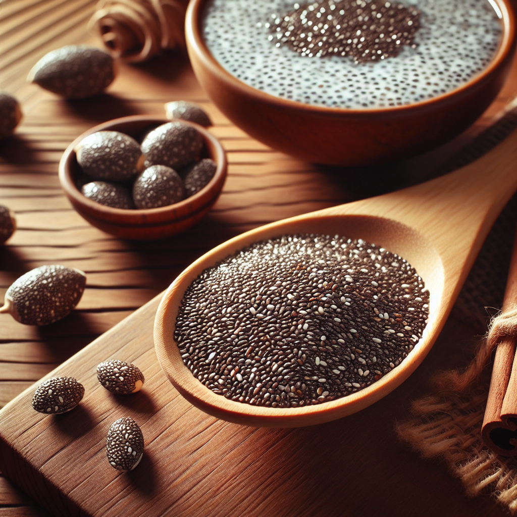 Gros plan sur des graines de chia dans une cuillère en bois avec un bol de pudding de chia en arrière-plan.