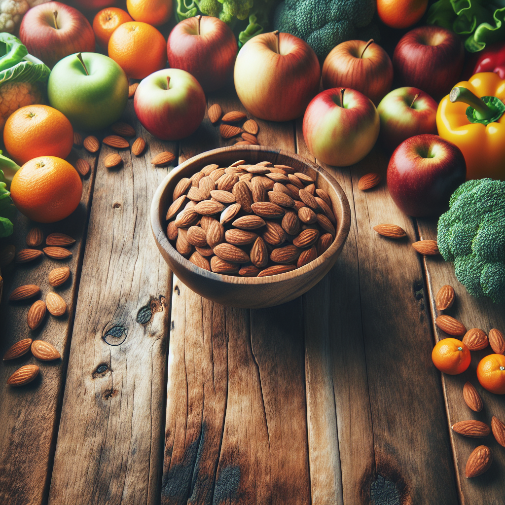 Un bol d'amandes sur une table en bois, avec un arrière-plan de fruits et légumes frais, symbolisant une alimentation saine et la perte de poids.