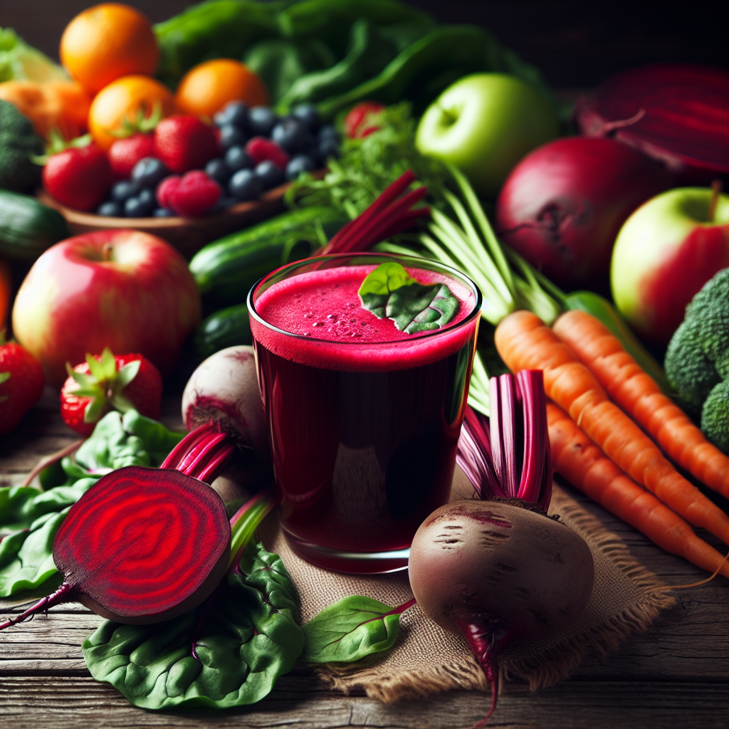 Verre de jus de betterave sur une table en bois rustique entouré de betteraves fraîches, légumes-feuilles et divers légumes et fruits colorés