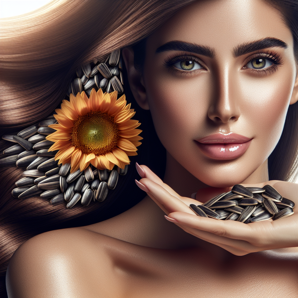 Gros plan sur des graines de tournesol à côté d'une femme avec une peau éclatante et des cheveux brillants