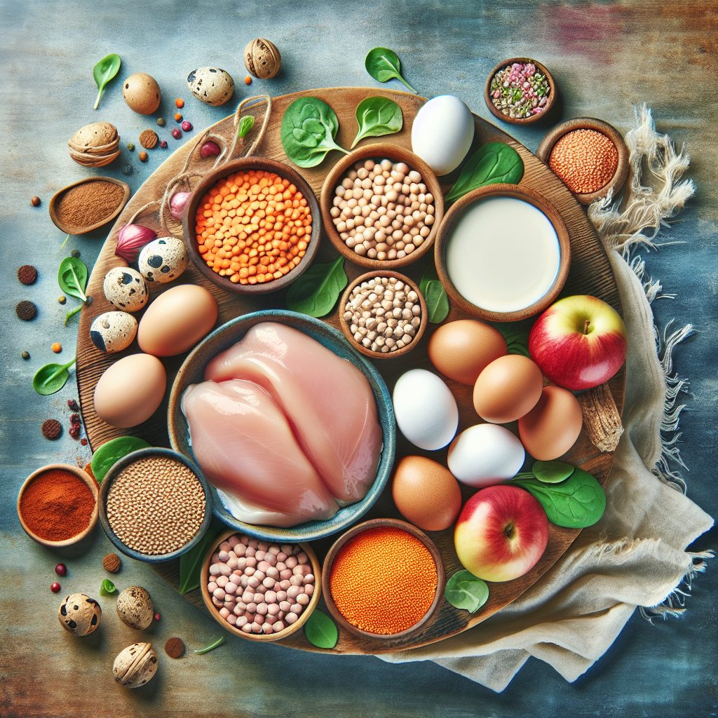Aliments riches en protéines de qualité tels que le poulet bio, les œufs, les lentilles et les pois chiches, disposés sur une table en bois rustique.