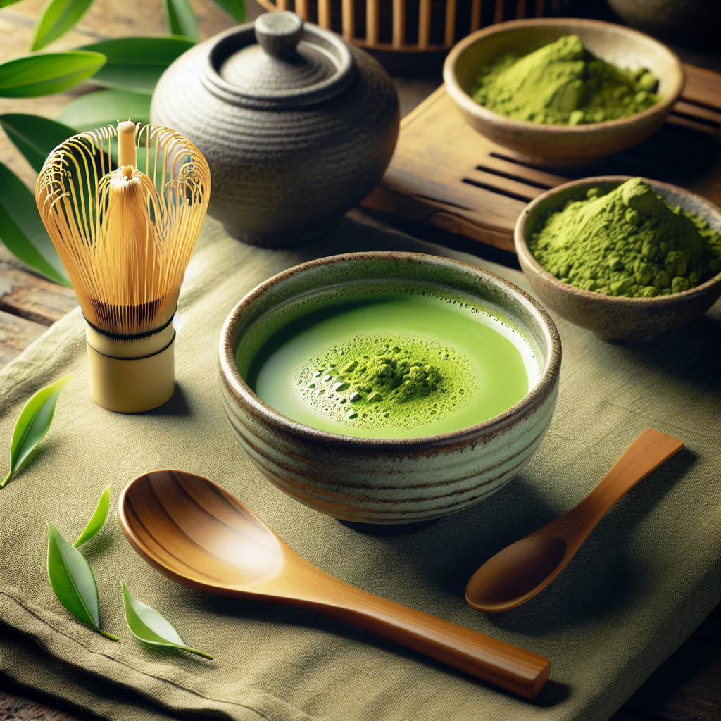 Bol traditionnel de poudre de thé matcha vert vif, accompagné d'un fouet en bambou et d'une cuillère, disposé dans un cadre de cérémonie de thé japonais avec des feuilles et un fond rustique.