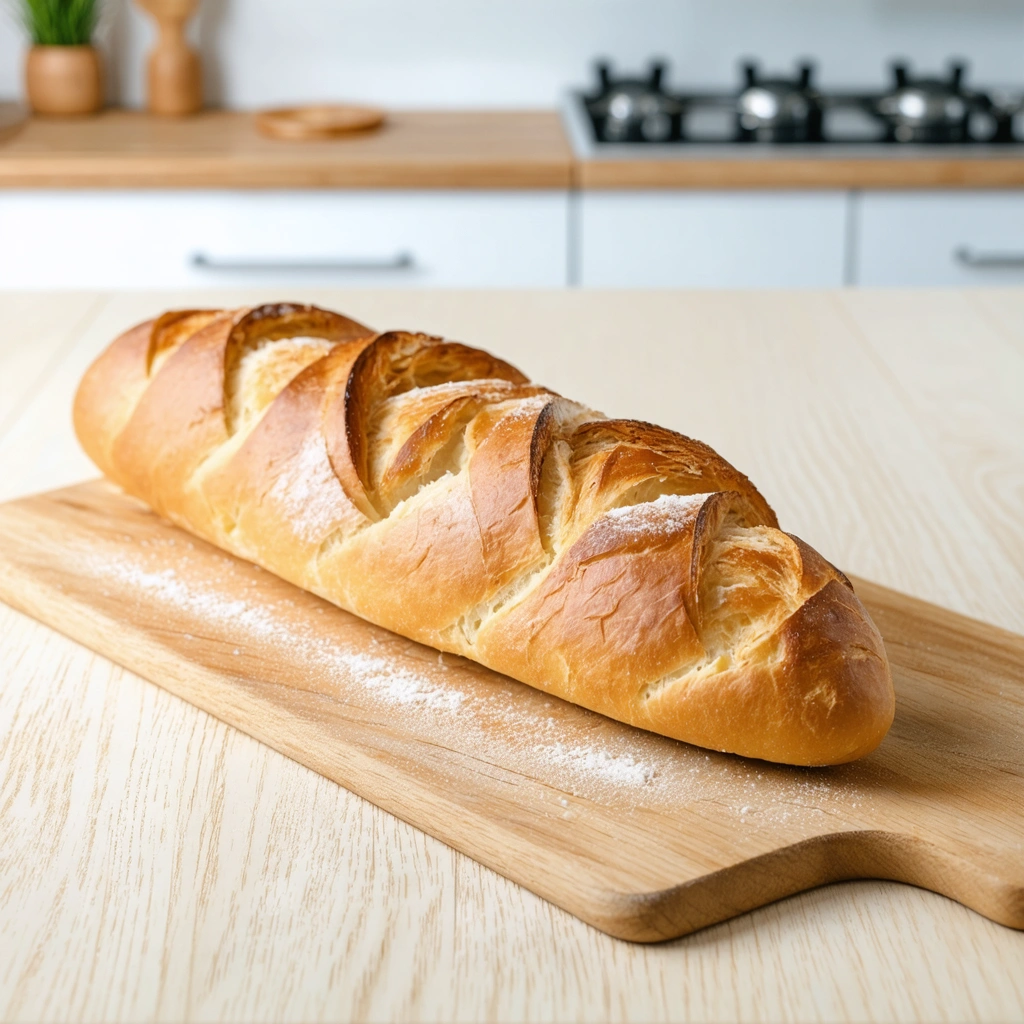 Baguette fraîchement cuite préparée à partir de pain précuit sur une planche en bois.