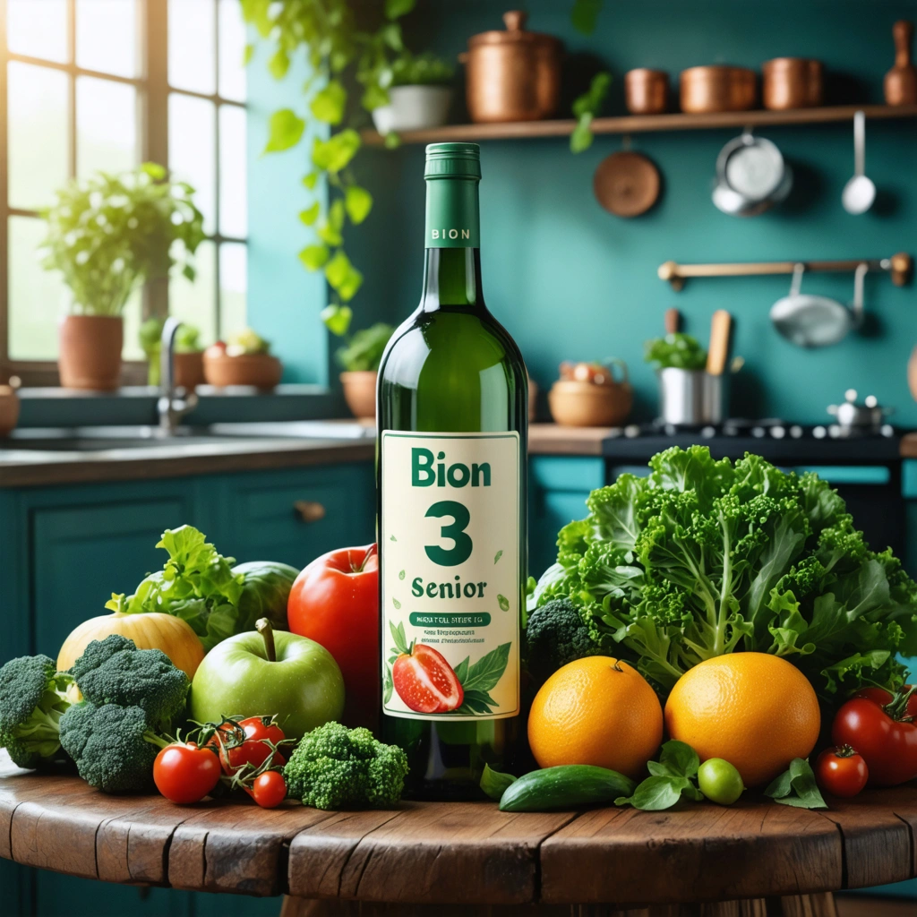 Bouteille de Bion 3 Senior entourée de fruits et légumes frais sur une table