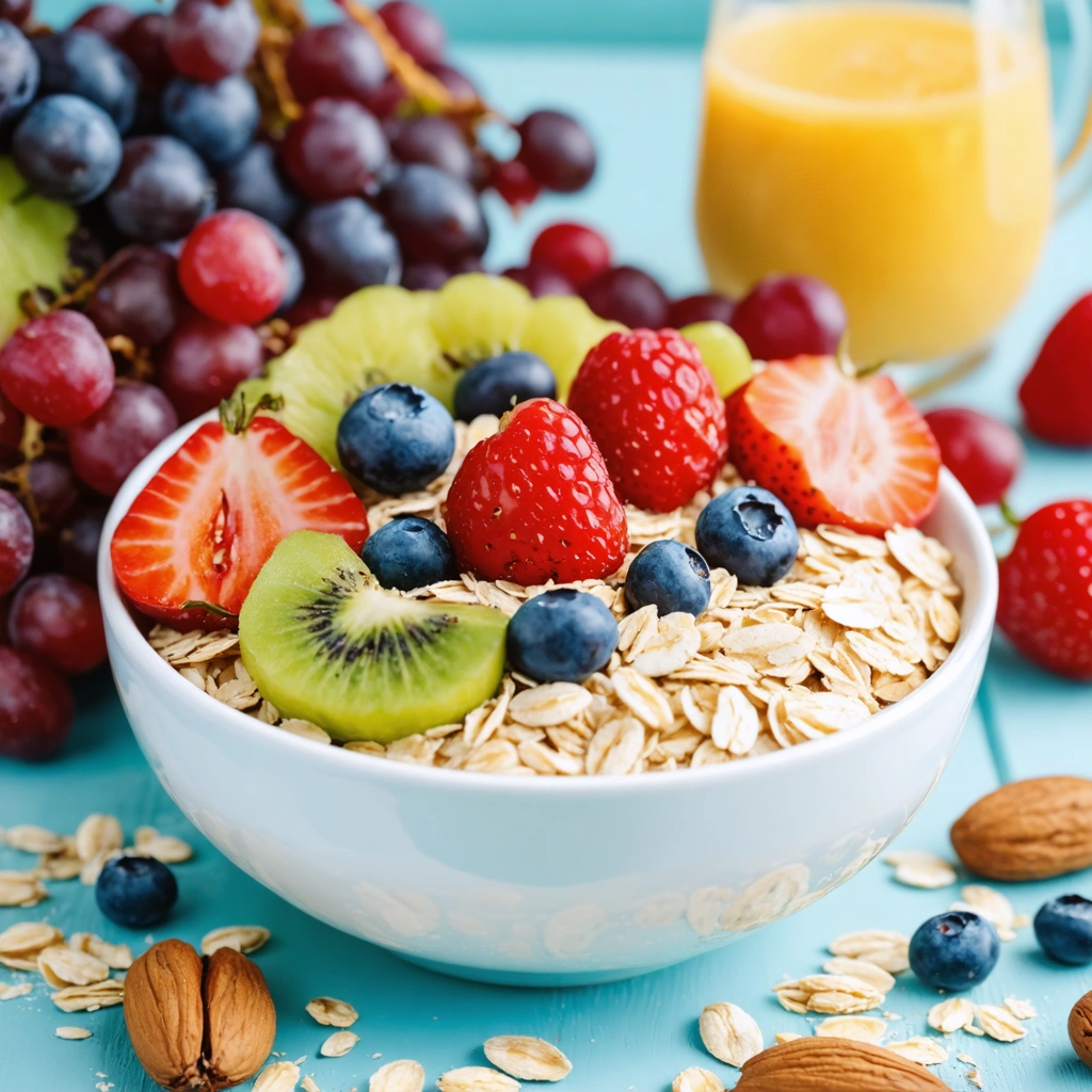 Un bol de son d'avoine avec des fruits frais et des noix, présentant un petit-déjeuner sain et nutritif.