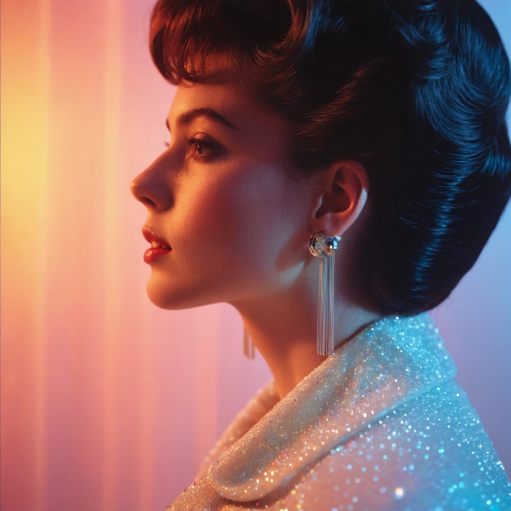 Illustration de boucles d'oreilles magnétiques vintage des années 80 transformées en accessoires de bien-être modernes, avec une ambiance mystique.