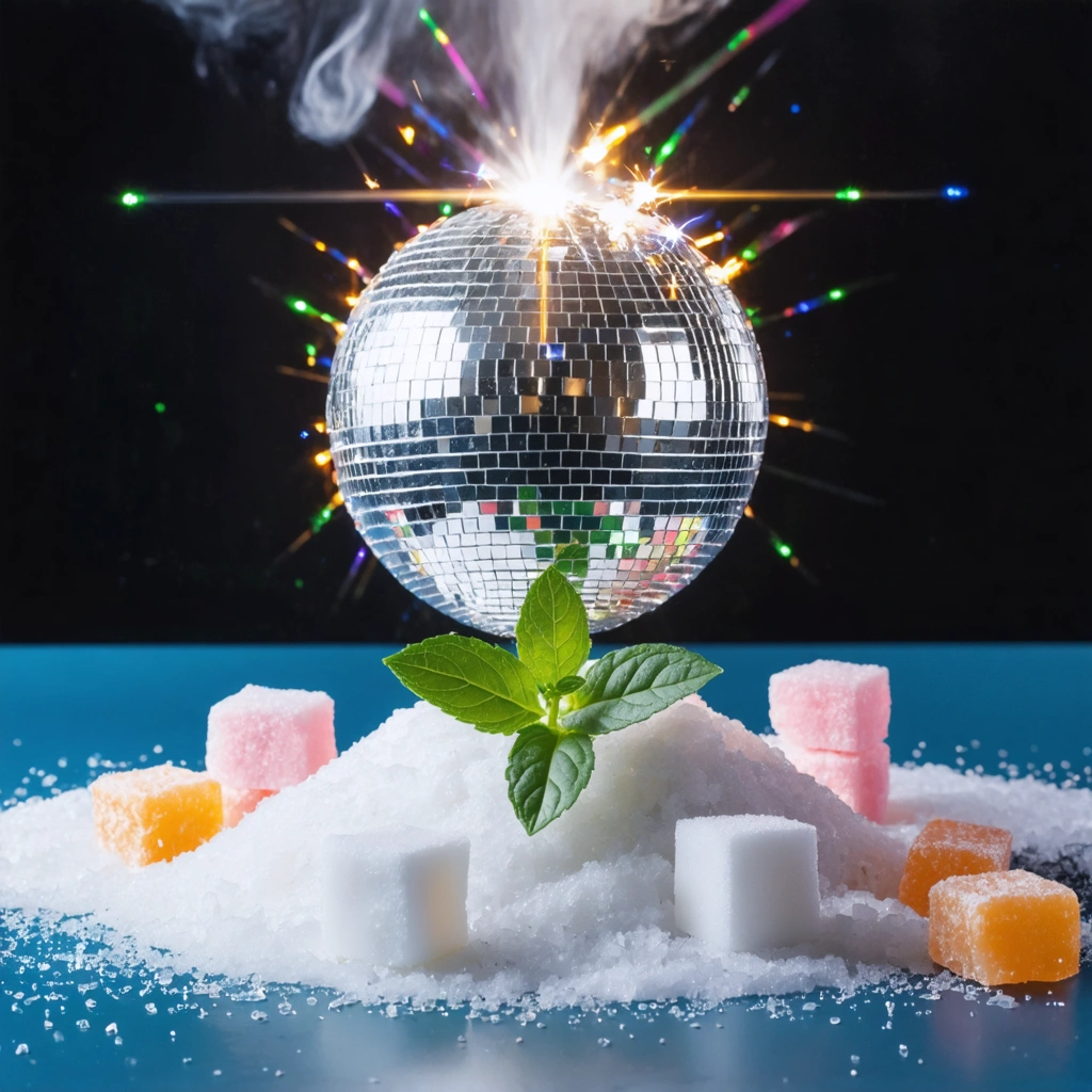 Boule disco alimentée par des étincelles, entourée de cubes de sucre et de bonbons, avec une plante de stévia au premier plan.