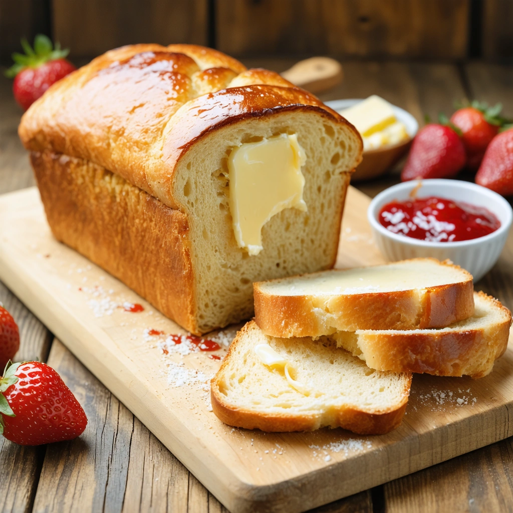 Brioche tranchée sur planche avec beurre et confiture