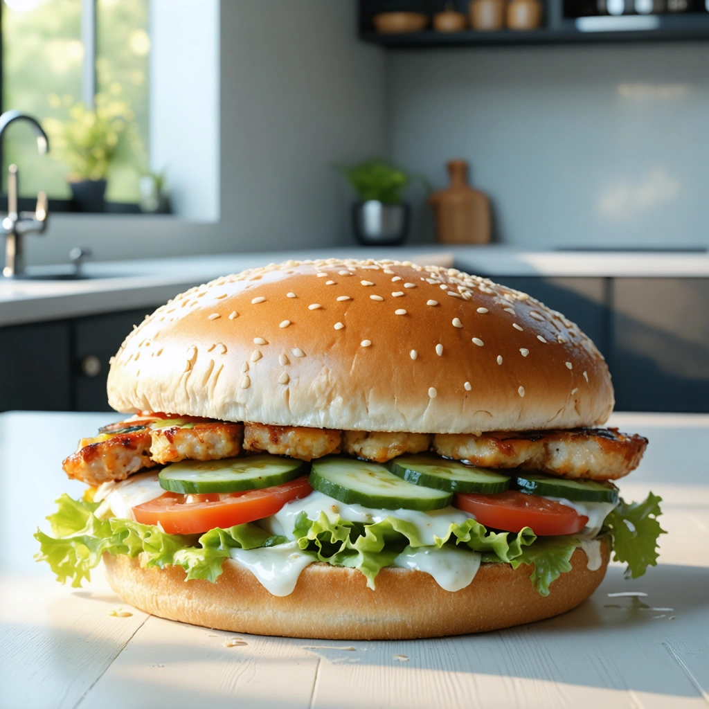 Un burger santé avec un pain aux céréales complet, poulet grillé et légumes frais