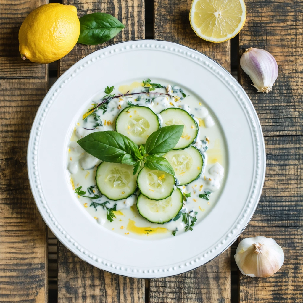 Plat de concombre à la sauce blanche avec herbes fraîches et rondelles de citron