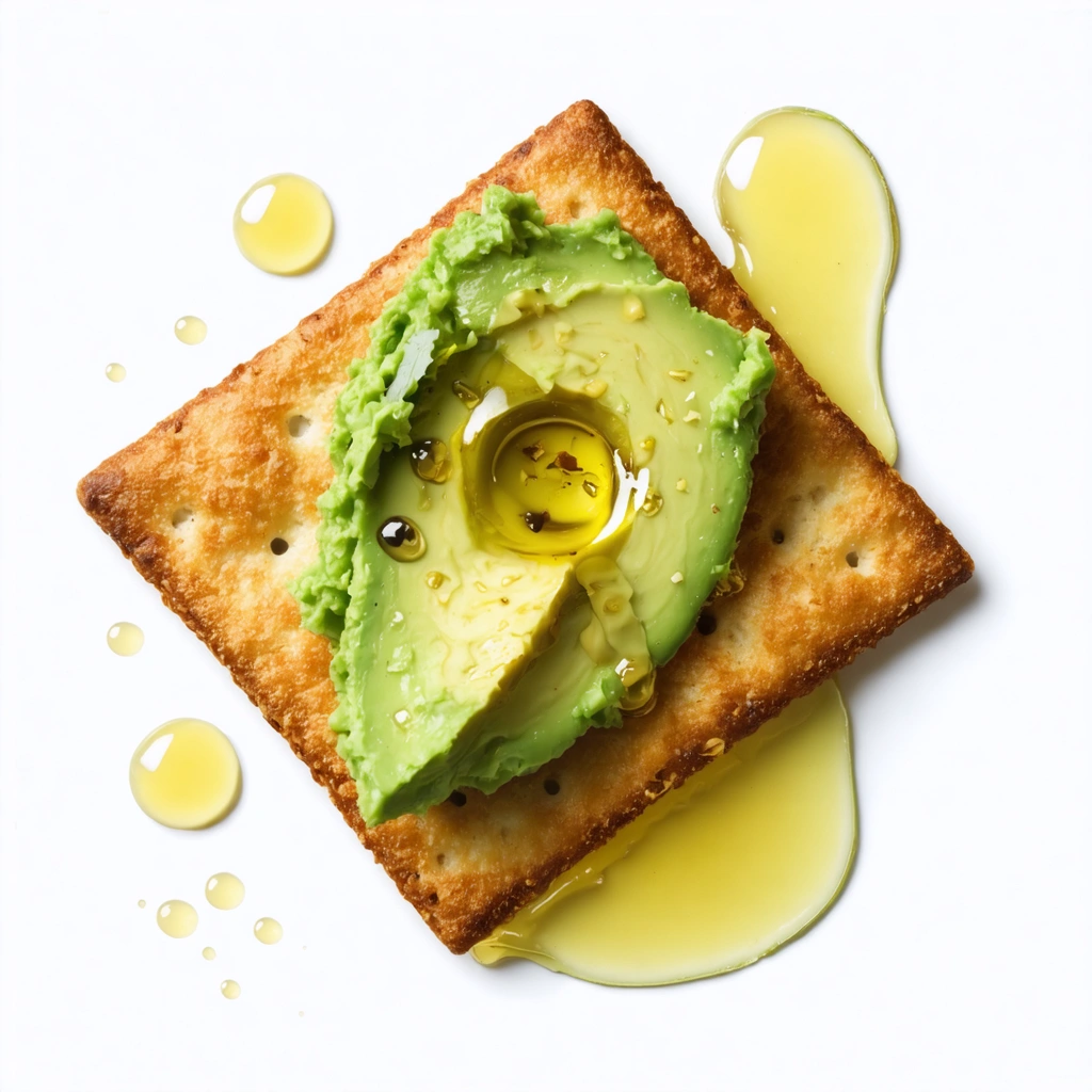 Craquelins canadiens présentés avec de l'avocat écrasé et un filet d'huile d'olive, dans un cadre minimaliste et élégant.
