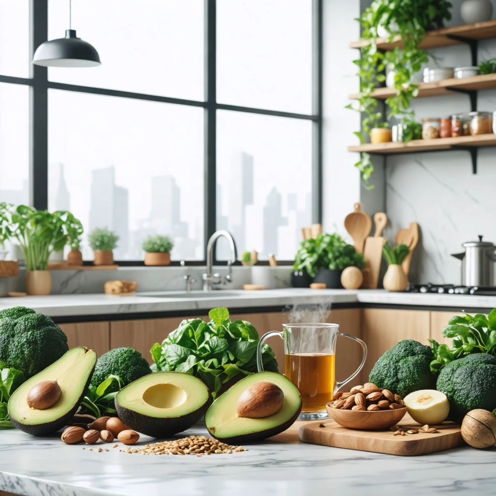 Cuisine moderne avec des aliments sains anti-candida disposés sur le plan de travail.