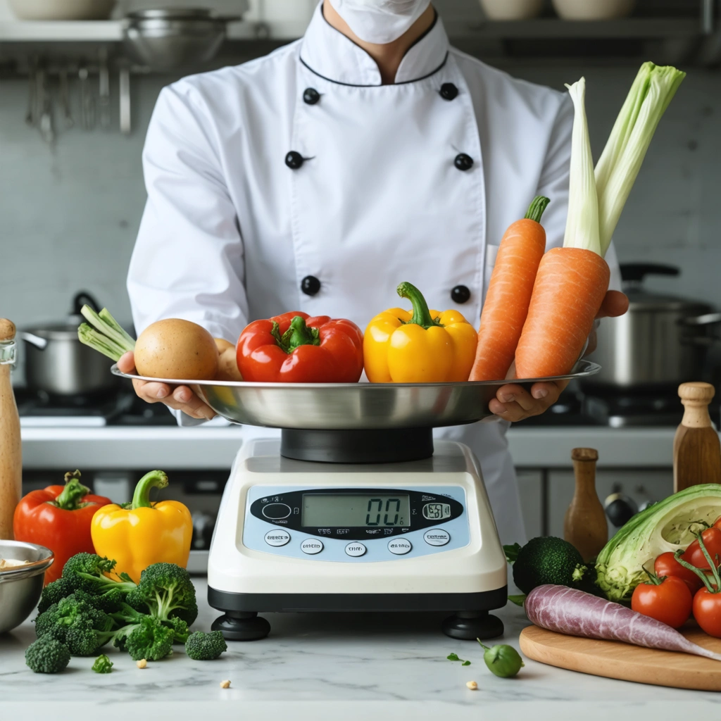 Scène de cuisine montrant des aliments pesés crus et cuits sur une balance numérique pour l'équilibrage culinaire.