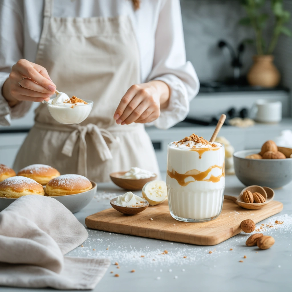 Une cuisine moderne et apaisante avec une personne dégustant un yaourt sans lactose, entourée d'accessoires de yoga et d'ingrédients de pâtisserie.