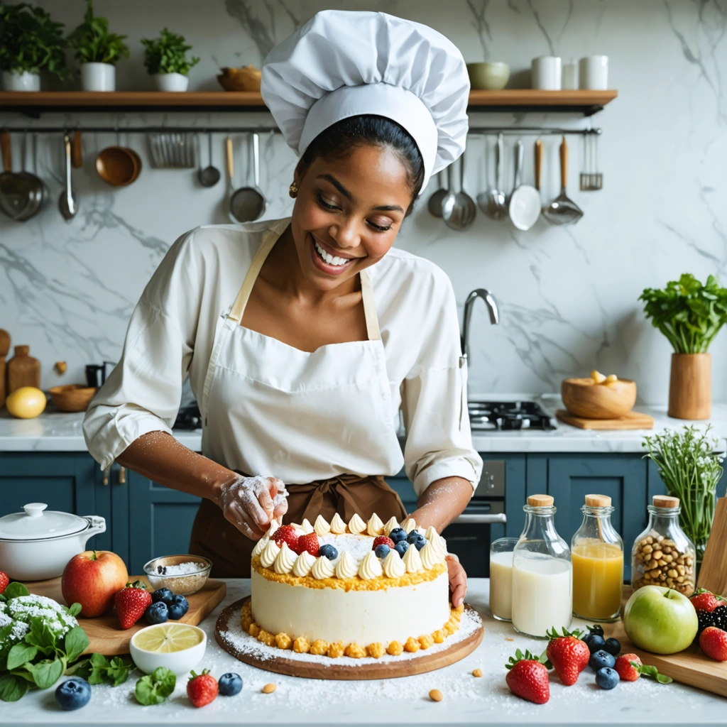 Une personne préparant un gâteau dans une cuisine avec des ingrédients sains autour.
