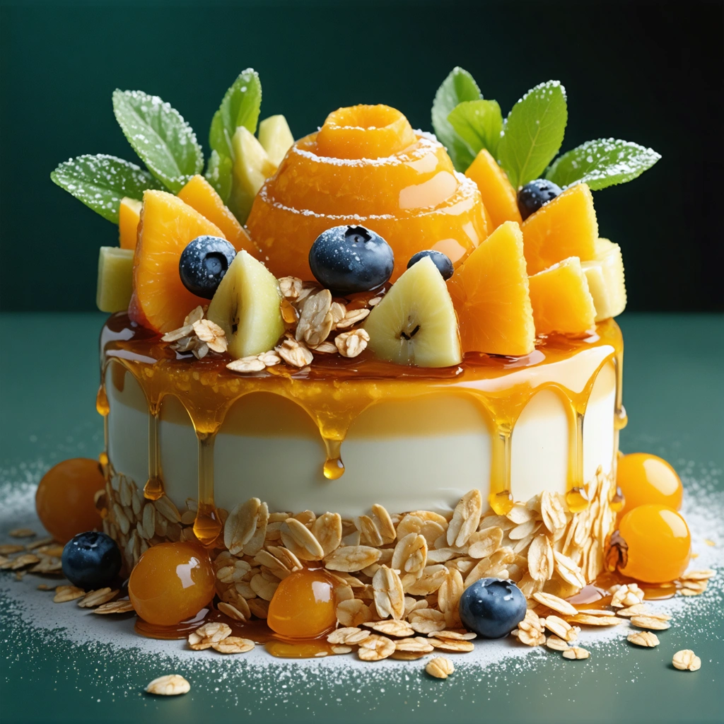 Illustration réaliste d'un dessert sain et original avec des flocons d'avoine, du miel et des fruits frais.