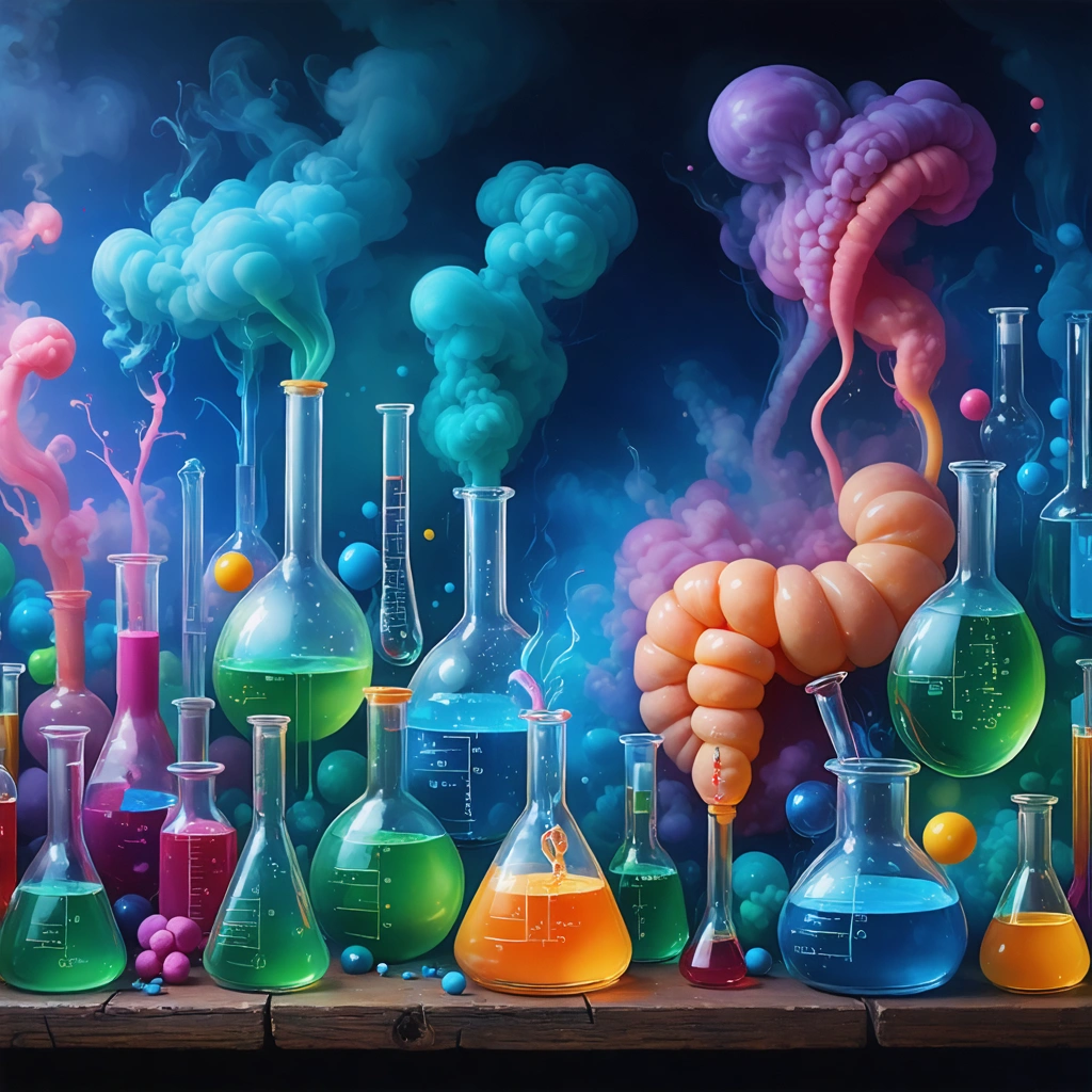Une représentation surréaliste du système digestif humain en tant que laboratoire de chimie coloré, avec des béchers et flacons d'où s'échappent des nuages de gaz tourbillonnants. L'atmosphère évoque un sentiment de mystère et d'exploration avec un éclairage doux et onirique.