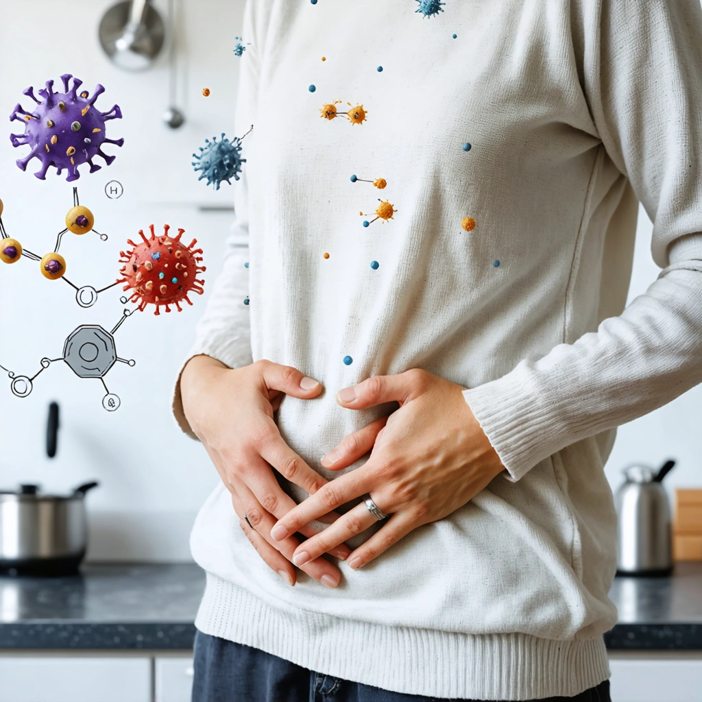 Une personne tenant son ventre, exprimant de l'inconfort, entourée de représentations abstraites de germes et de structures chimiques.