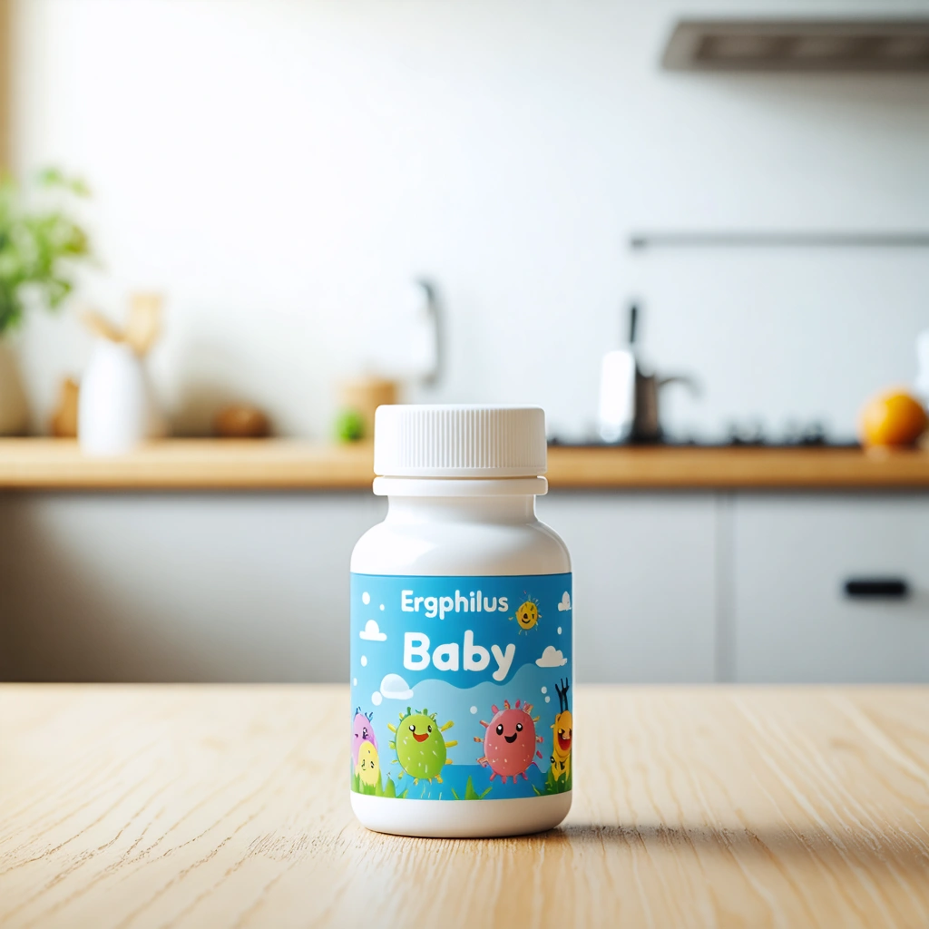 Bouteille d'Ergyphilus Baby décorée de petites bactéries souriantes, posée sur une table en bois clair dans une cuisine moderne.