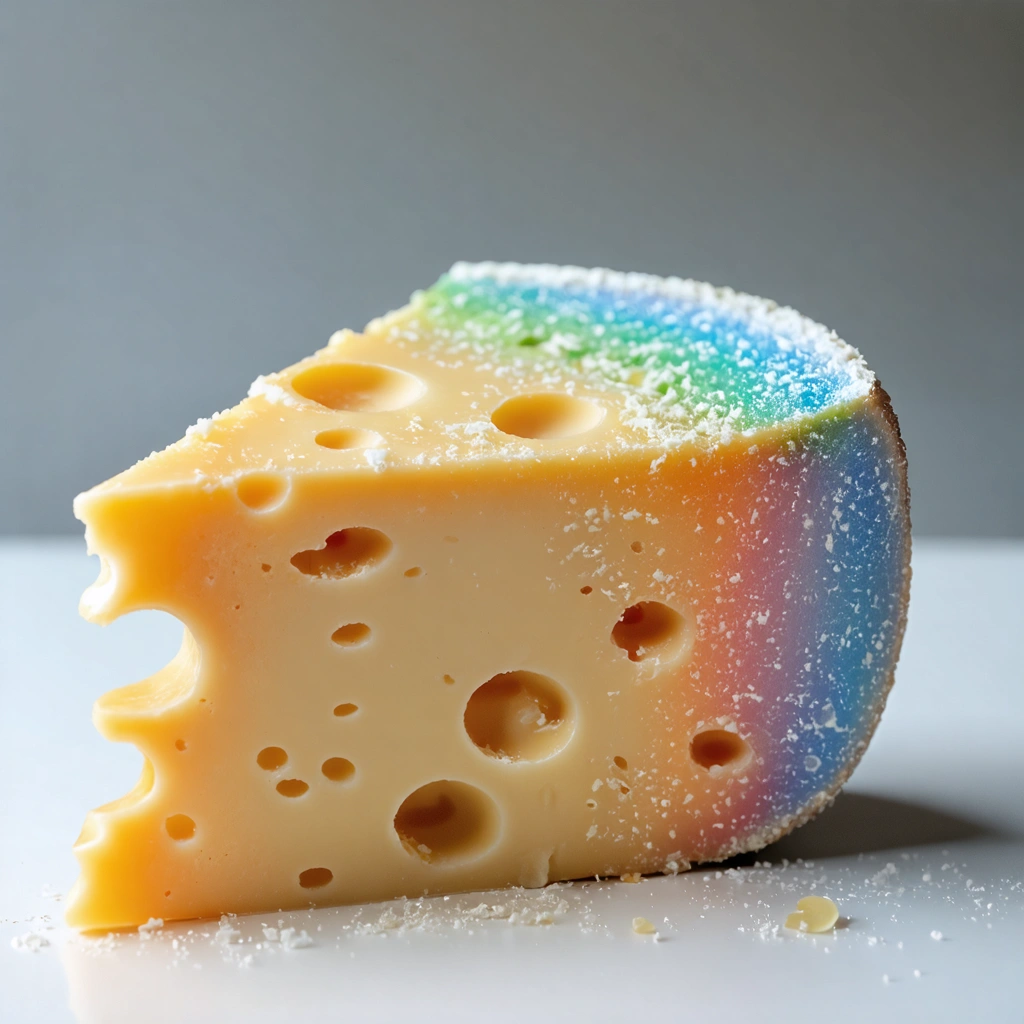 Une illustration artistique d'un morceau de fromage avec des teintes arc-en-ciel et une subtile allusion à une odeur de chaussette, dépeint avec élégance et humour.