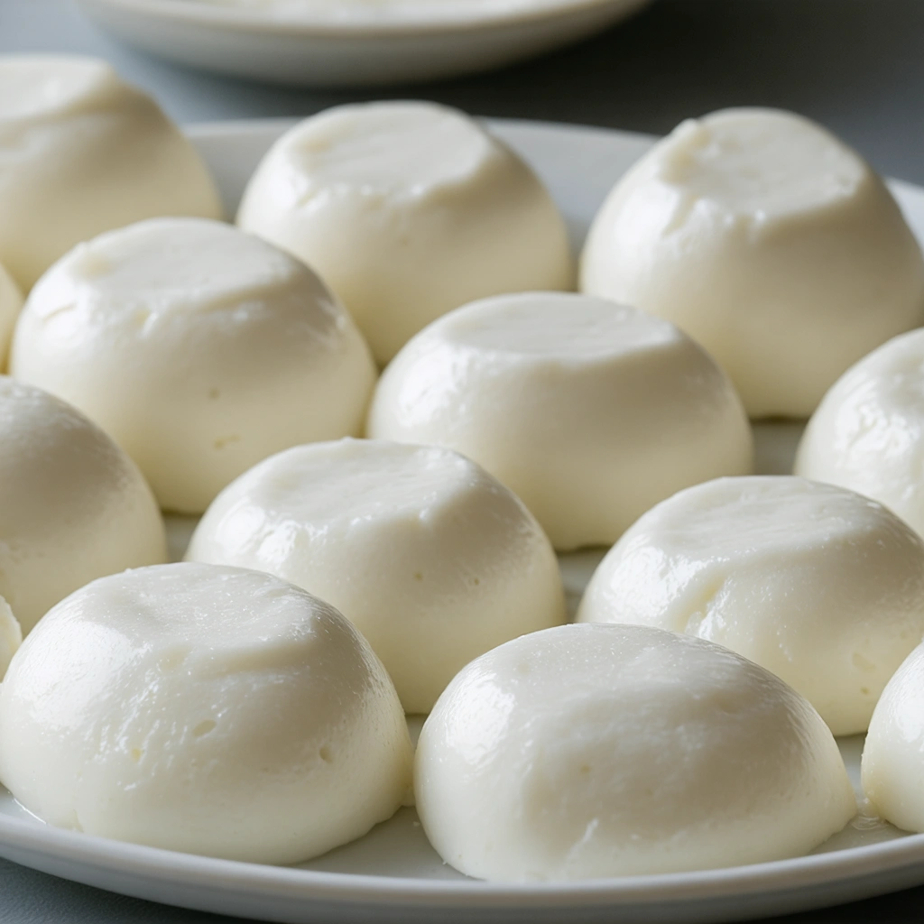 Préparation de mozzarella maison sans présure avec du lait d'amande et de l'agar-agar, montrant les moules à glaçons remplis et la texture finale élastique.