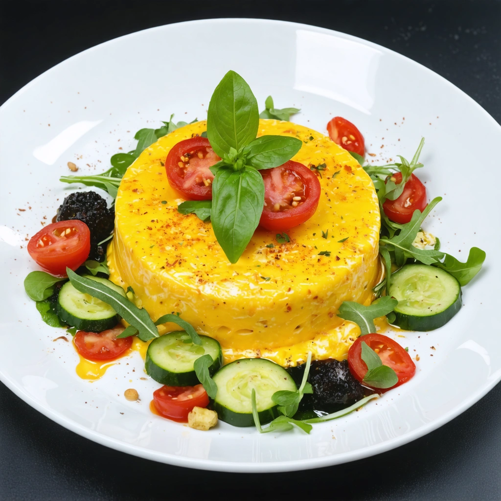 Plat gastronomique intégrant du fromage amer avec des légumes frais et des herbes.