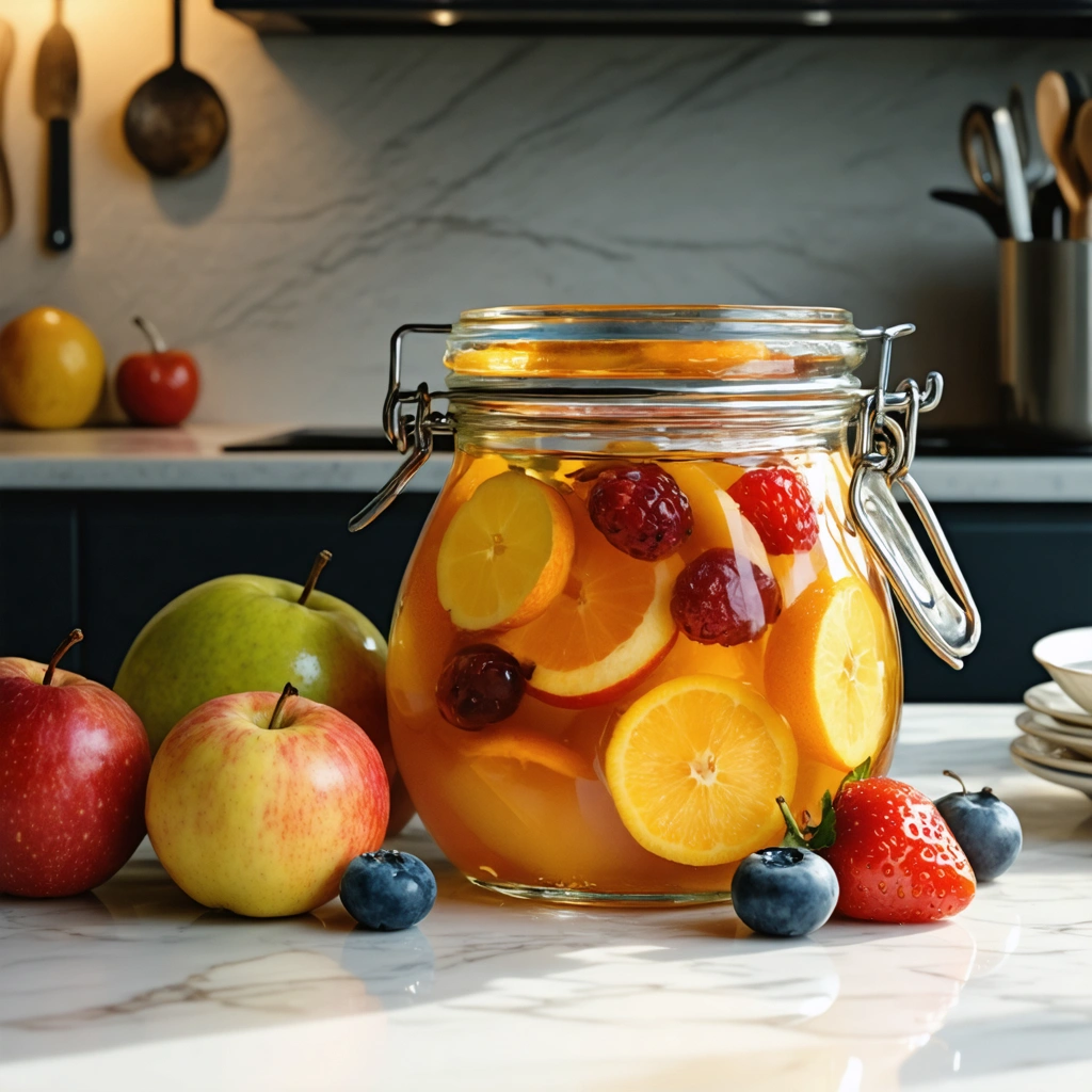 Conserve de fruits au sirop dans un bocal, montrant des couleurs vives et un jus sucré