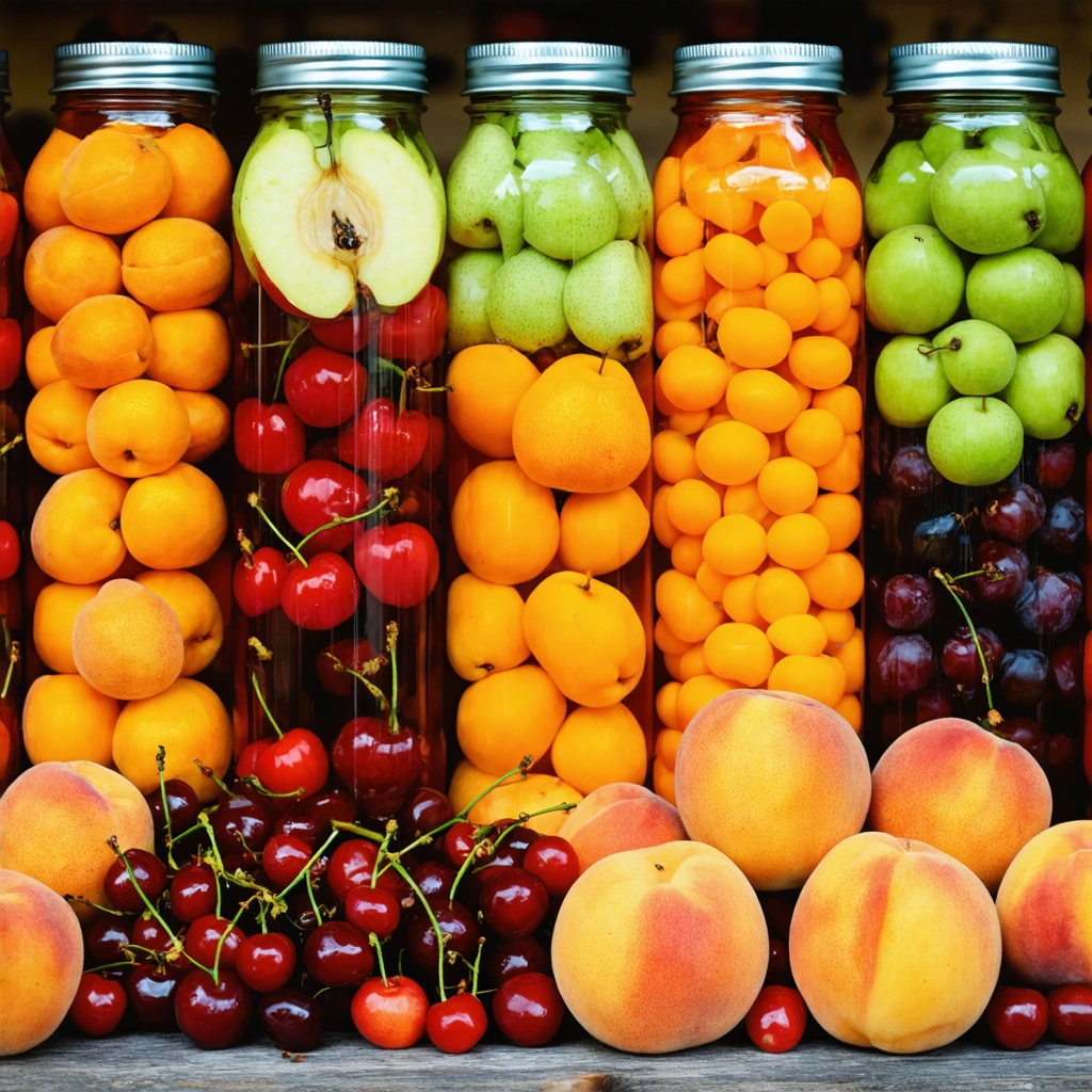 Assortiment de fruits au sirop colorés avec des pêches, poires, abricots et cerises, évoquant une recette traditionnelle.