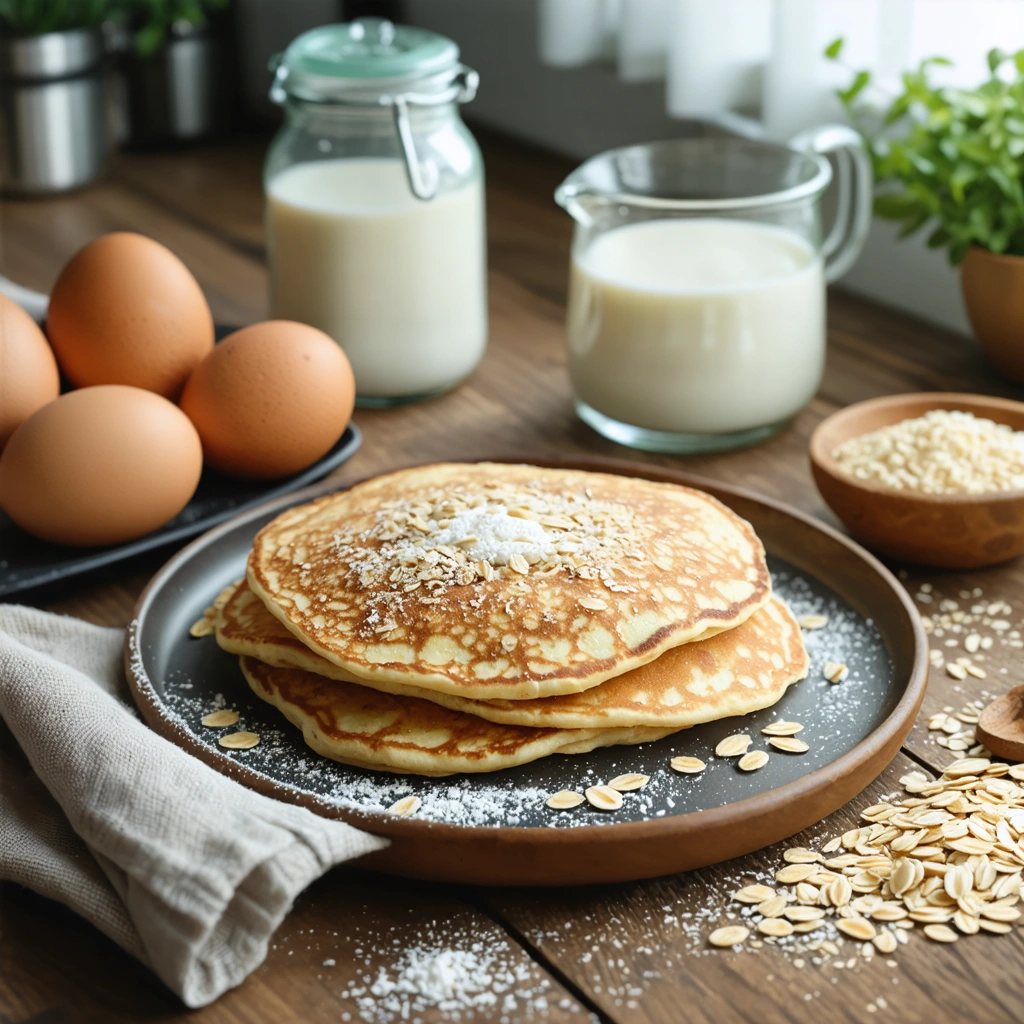 Une galette Dukan faite maison sur une table de cuisine en bois, entourée d'ingrédients de cuisson comme des œufs, du son d'avoine et un pot de fromage blanc.