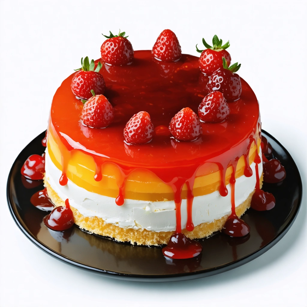 Un gâteau appétissant appelé 'gâteau pourri', avec des couleurs vives, suggérant qu'il est composé d'ingrédients sains et faibles en calories.