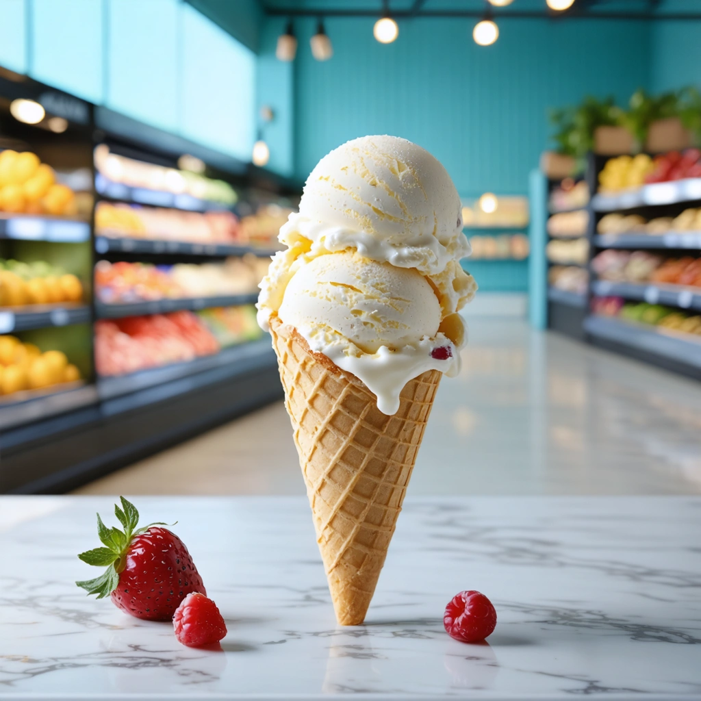 Un cône glacé d'été rafraîchissant, fait avec des ingrédients sains comme du yaourt maigre, présenté dans un cadre de supermarché inspiré par l'Italie.