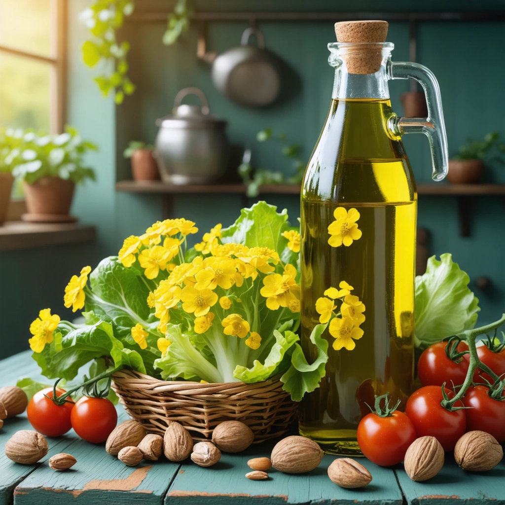 Une composition artistique avec une bouteille d'huile de colza et des ingrédients de salade frais comme de la laitue, des tomates cerises et des noix, illustrant l'art culinaire.