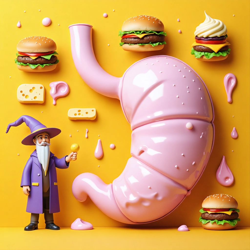 Illustration artistique d'un bypass gastrique, avec un estomac en réduction, des symboles de perte de poids tels que des cheeseburgers disparaissants et une glace fondante, et une figure de sorcier.