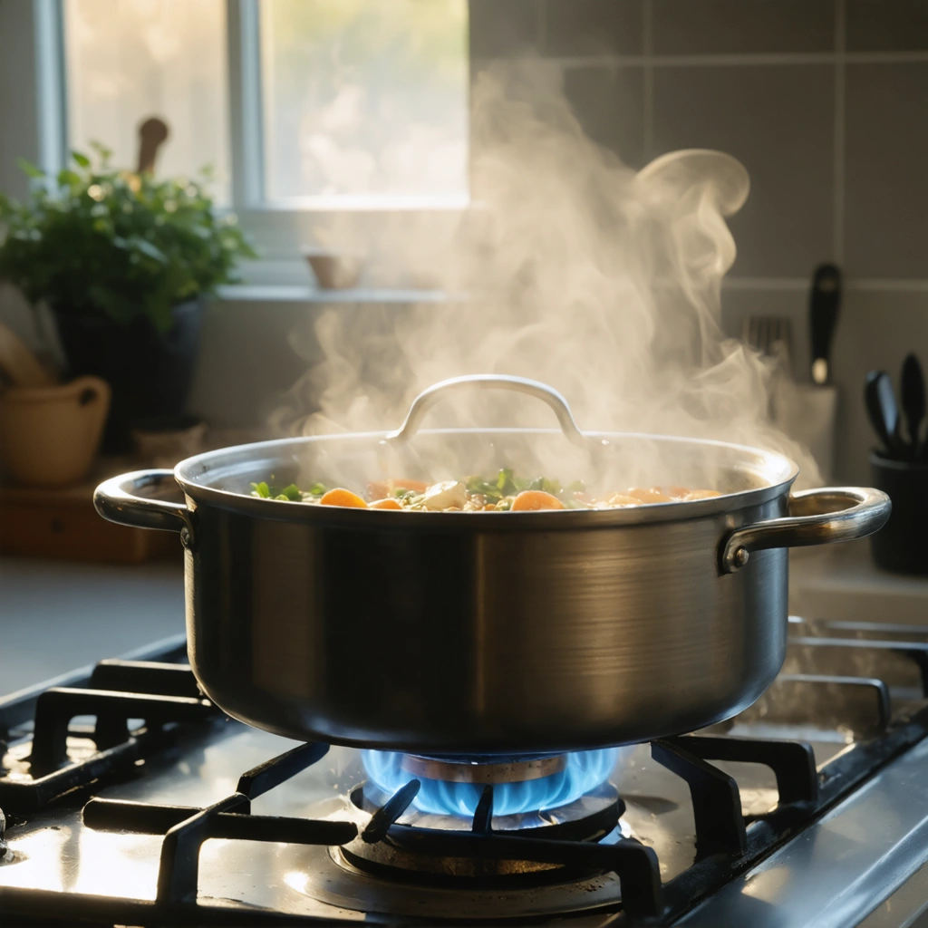 Une cuisine paisible avec une mloukhia mijotant doucement sur le feu, dégageant une ambiance de patience et de chaleur.