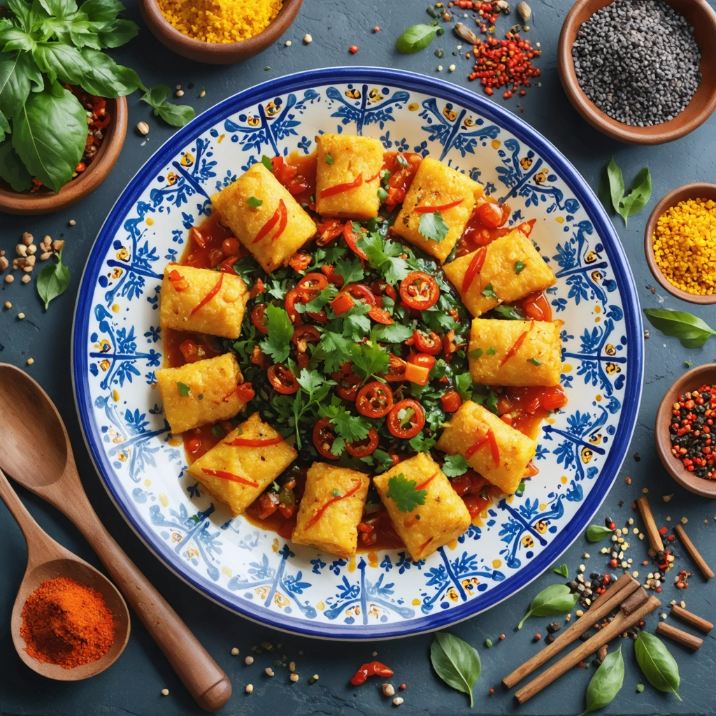 Un plat de Mloukhia marocaine sur une table de cuisine marocaine traditionnelle avec des épices autour