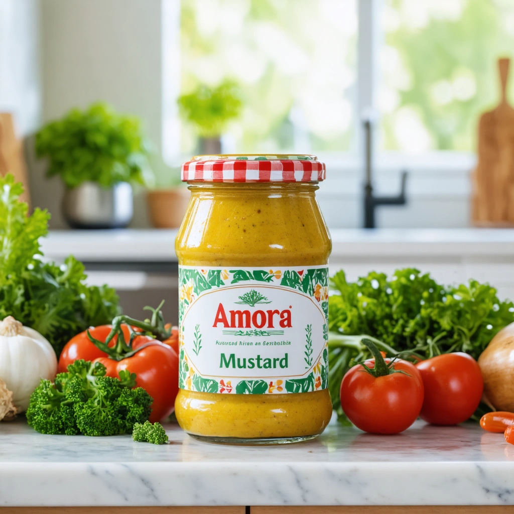 Un pot de moutarde Amora sur un plan de travail de cuisine entouré de légumes et d'herbes