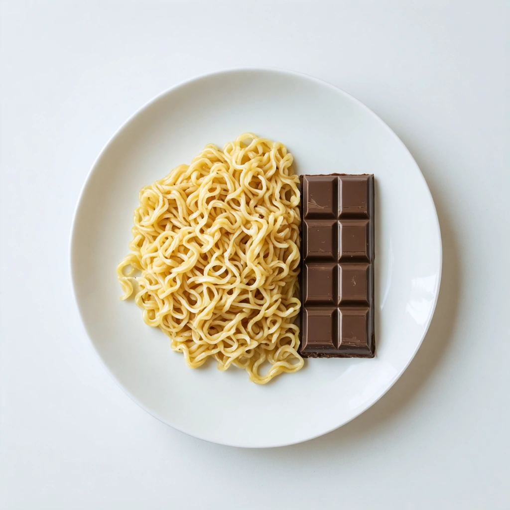 Assiette de nouilles instantanées avec un petit morceau de chocolat à côté.