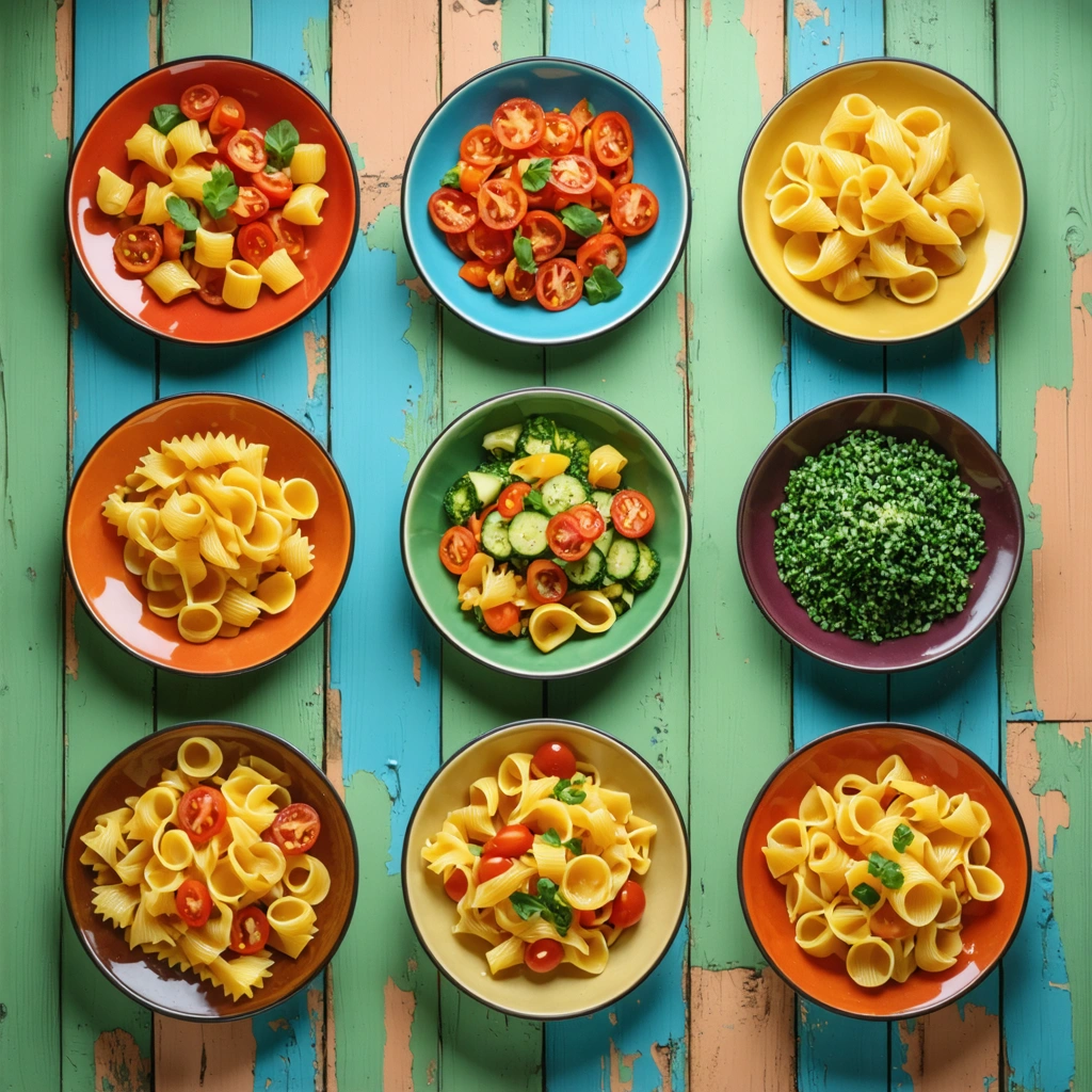 Assortiment de différentes pâtes colorées sur une table en bois.