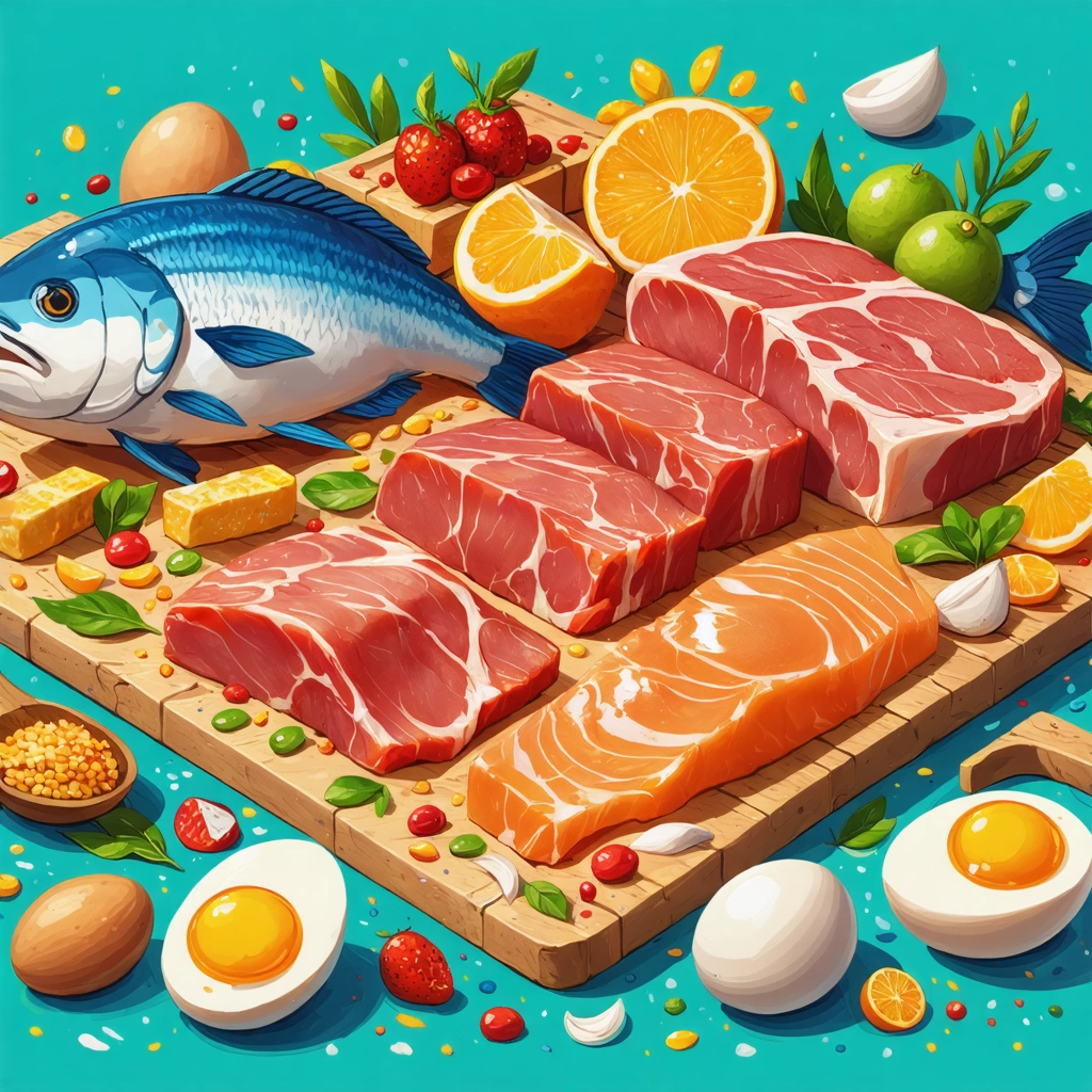 Illustration de viandes maigres, poissons, et œufs disposés de manière fantaisiste comme un trésor, symbolisant la phase d'attaque du régime Dukan.