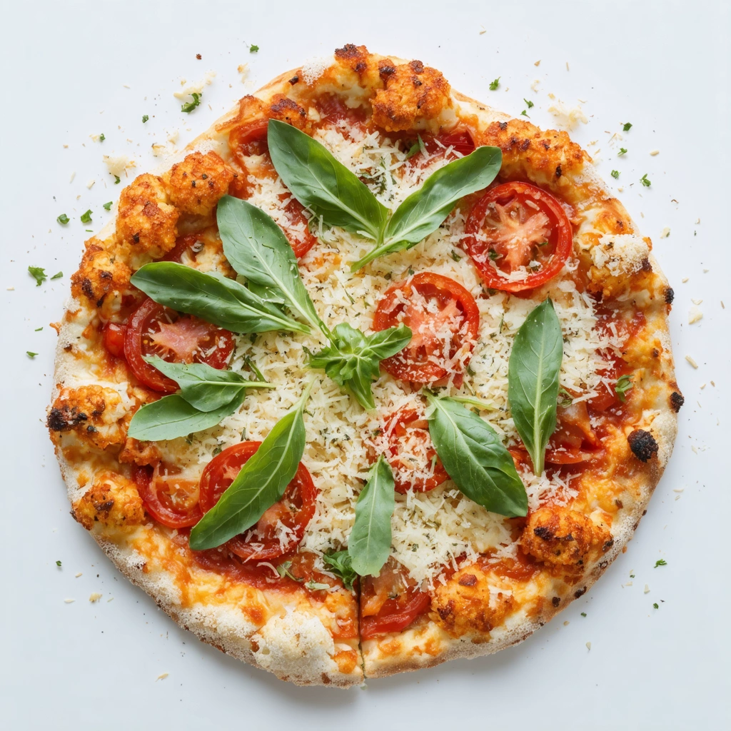 Pizza au chou-fleur avec crust doré, garnie de tomates, roquette et parmesan, représentant un plat sain et appétissant.