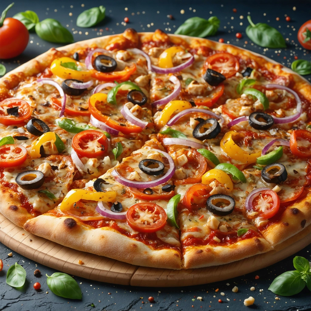 Une pizza fraîchement préparée de 30 cm de diamètre, avec une croûte croustillante et moelleuse, garnie d'ingrédients variés et appétissants, illustrant son poids et sa taille.