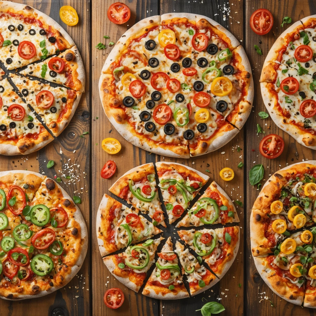 Assortiment de pizzas avec diverses garnitures saines sur une table en bois rustique